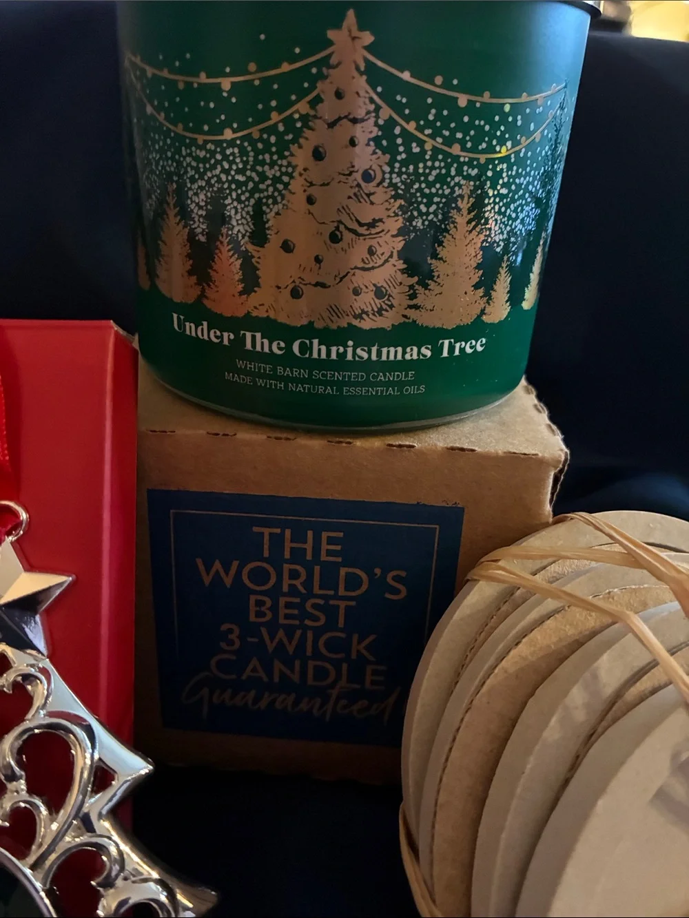 Gift Set - Lenox Green Tree Ornament, Holiday Candle, 4 Stoneware Coaster Set